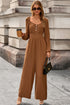 Long Sleeve Shirred Button Straight Leg Jumpsuit