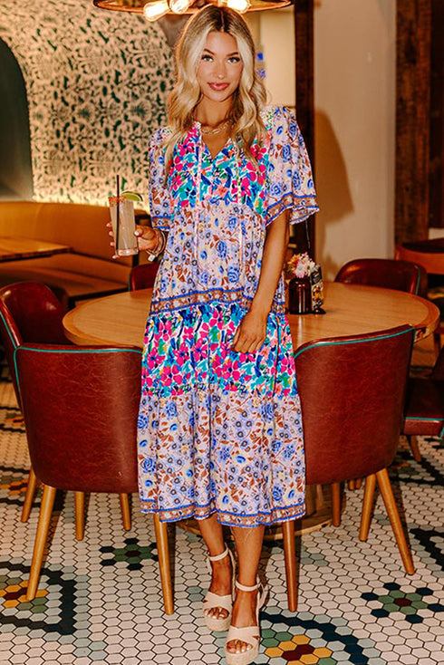 Mixed Floral Print Tie Split Neck Short Sleeve Dress