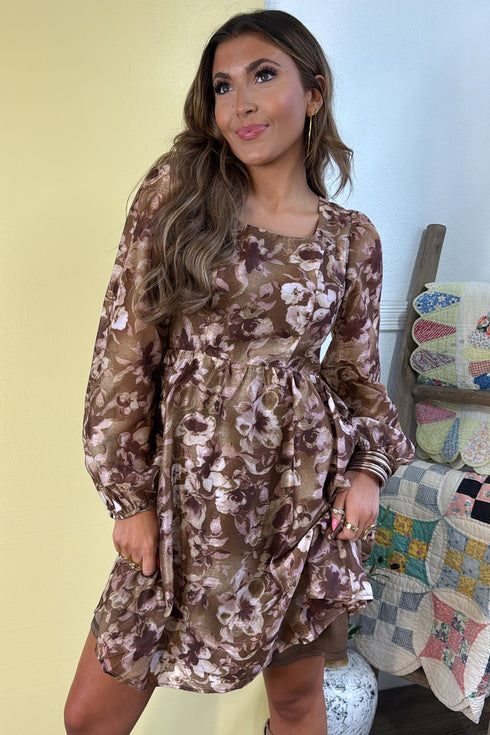 Abstract Floral Print Square Neck Long Sleeve Shift Mini Dress