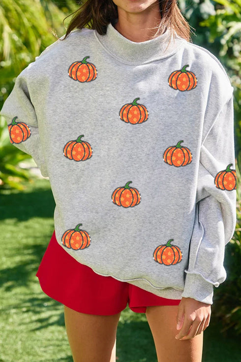 Sequin Star Pumpkin Graphic Exposed Seam Mock Neck Sweatshirt