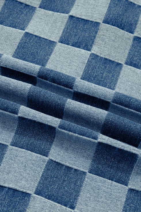 Western Checkered Ruffle Trim Button Down Denim Vest