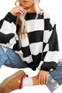 Acrylic Seamed Checkered Pattern Bishop Sleeve Sweater
