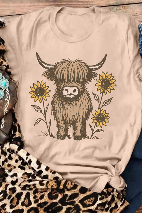 Polyester Western Print Highland Cow Graphic Tee