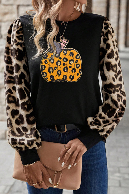Leopard Sleeve Pumpkin Print Graphic Knit Tee