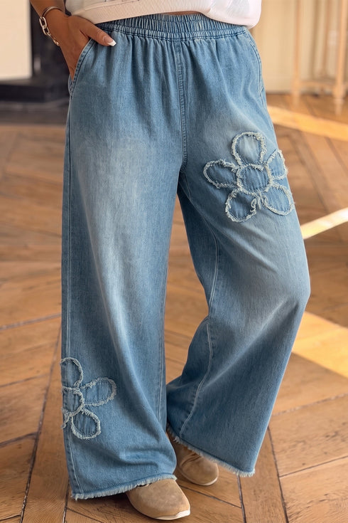 Frayed Floral Patch Wide Leg Raw Hem Jeans