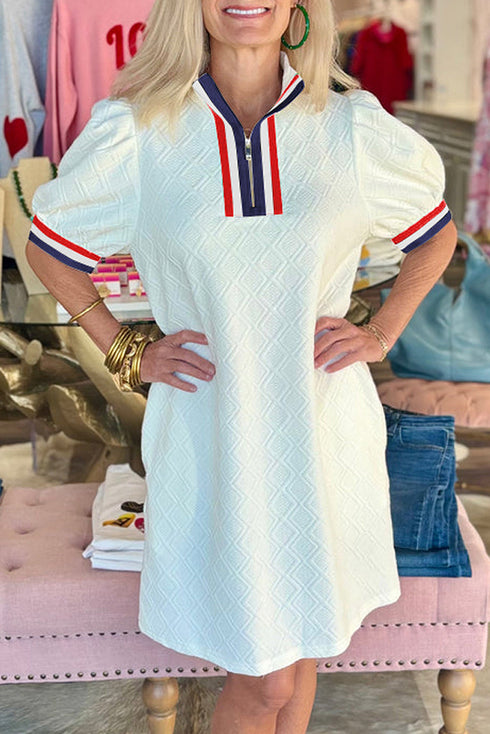 Textured Contrast Trim Puff Sleeve Quarter Zip Mini Dress