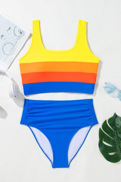Sporty Color Block Tank Top High Waist Bikini Set