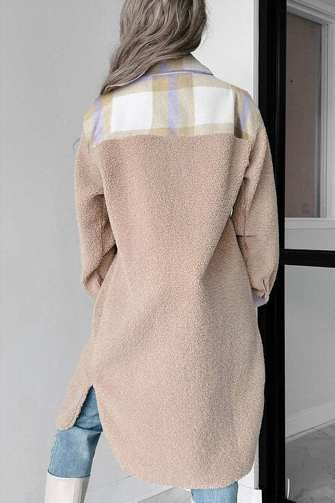 Casual Plaid Patchwork Sherpa Fleece Collared Long Coat