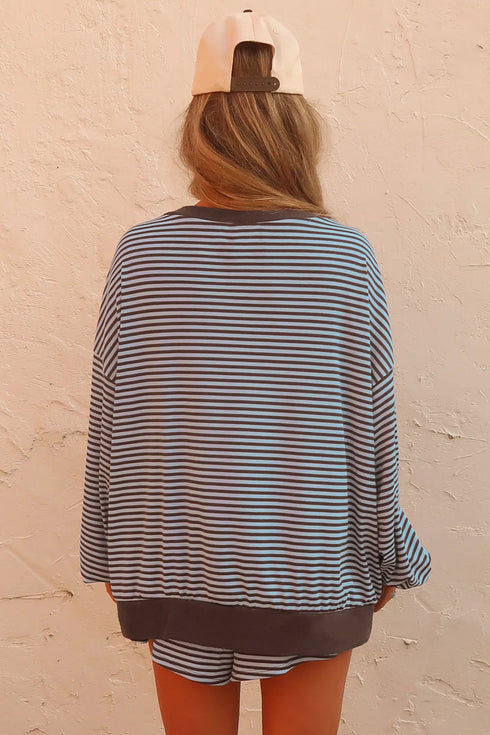 Striped Oversized Long Sleeve Top Drawstring Loose Shorts Two Piece Short Set