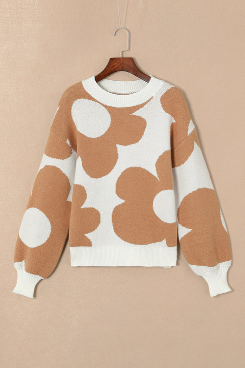 Abstract Floral Print Mock Neck Knit Sweater