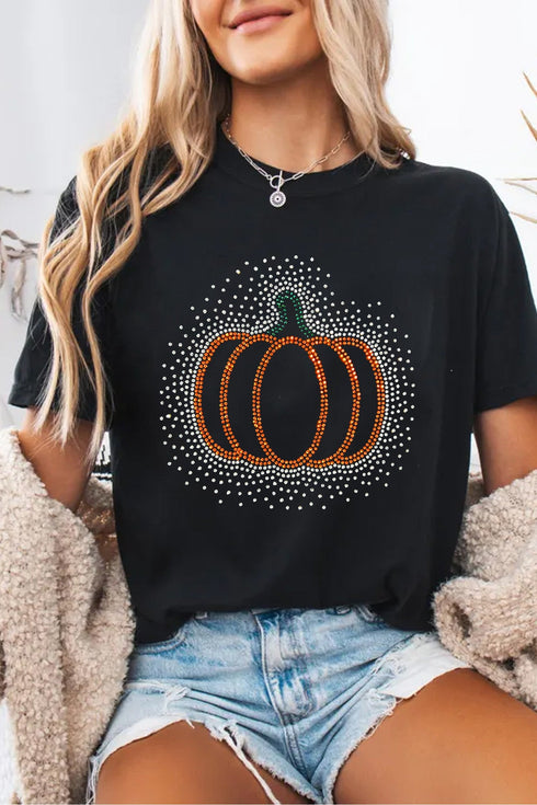 Rhinestone Pumpkin Graphic Print Short Sleeve Tee