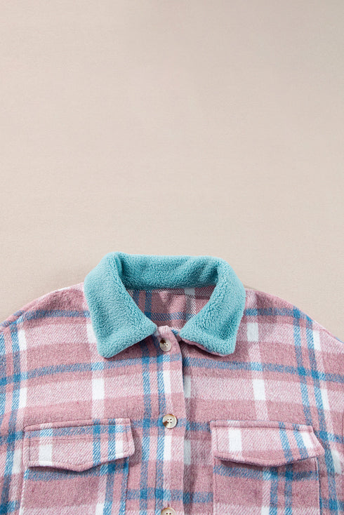 Color Block Collared Flap Pocket Relaxed Plaid Shacket