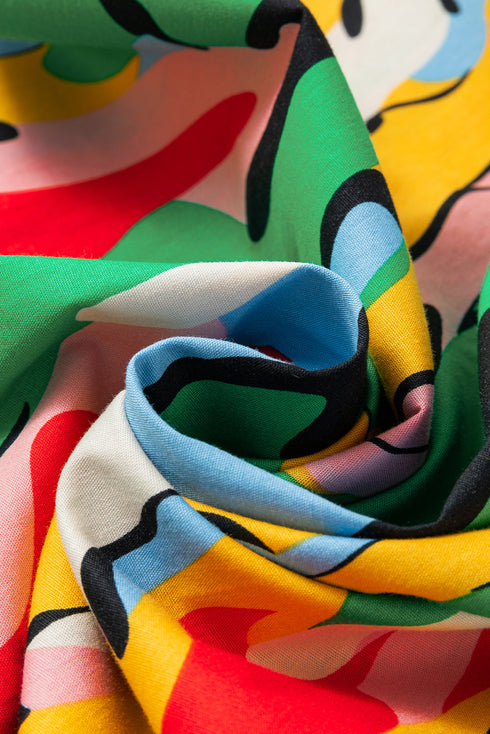 Abstract Print Ruffled Mock Neck Shift Dress