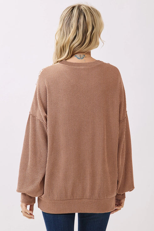 Leopard Print Ribbed Knit Corded Long Sleeve Top
