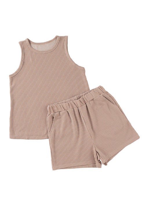 Textured Corded Sleeveless Pocketed Two Piece Shorts Set