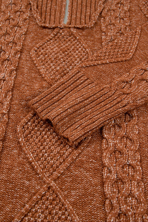 Zip Up Cable Knit Drop Shoulder Sweater Dress