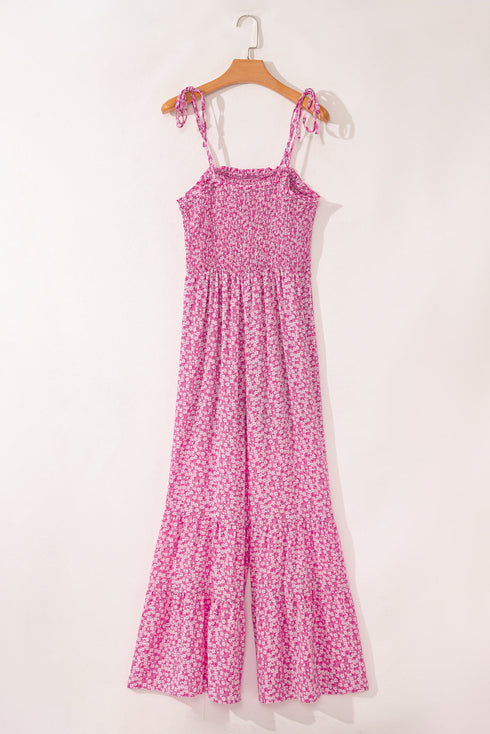 Floral Print Thin Strap Smocked Bodice Wide Leg Jumpsuit