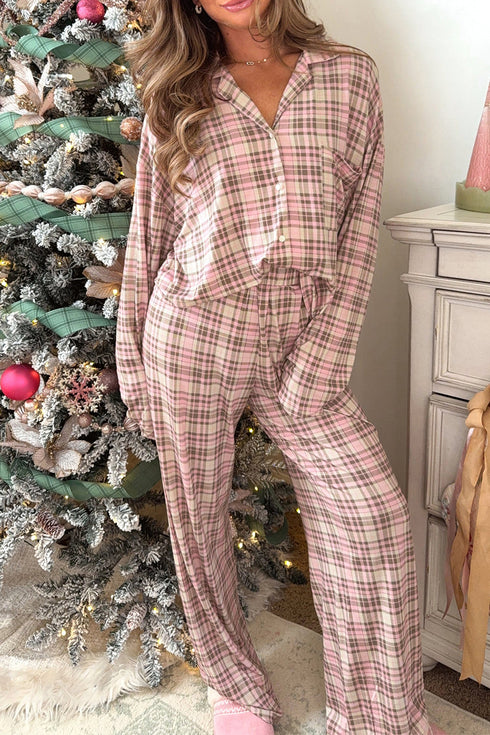 Plaid Patch Pocket Long Sleeve Lounge Set
