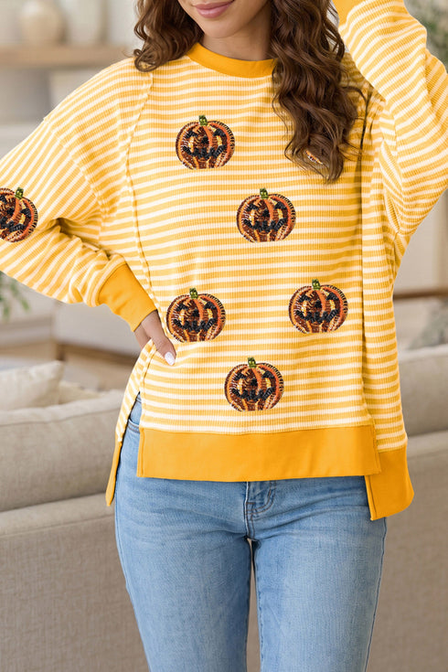 Sequin Pumpkin Face Stripe Split Side Long Sleeve Tee