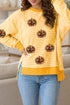 Sequin Pumpkin Face Stripe Split Side Long Sleeve Tee