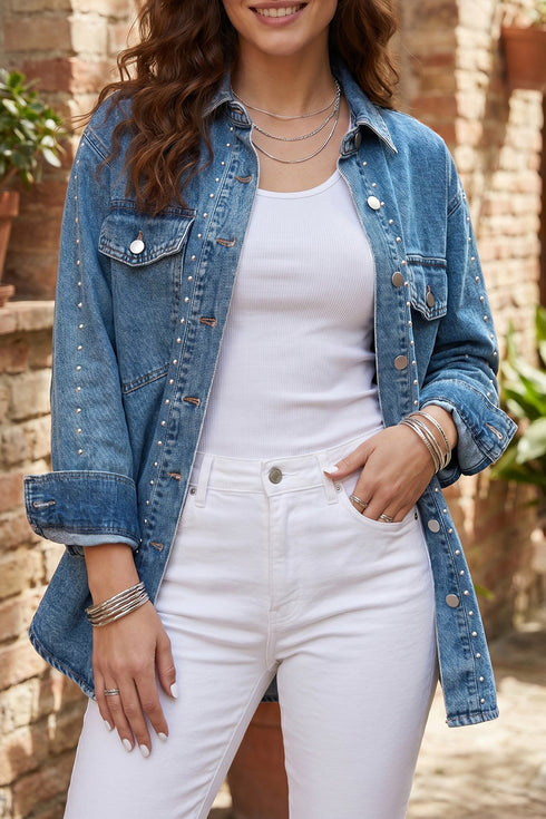 Rivet Embellished Western Regular Fit Long Sleeve Denim Jacket