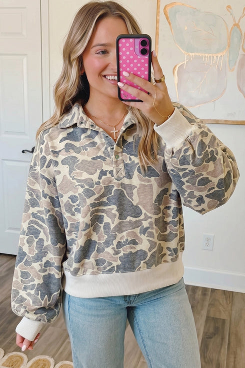 Allover Camouflage Collar Detail Long Sleeve Pullover Sweatshirt