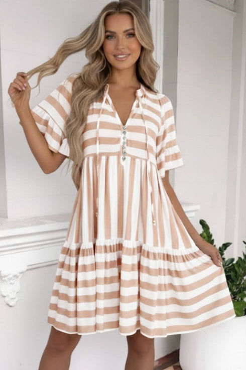 Striped Ruffle Trim Tie Front Short Sleeve Mini Dress