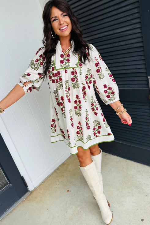 Frilled V Neck Three Quarter Sleeve A Line Floral Dress