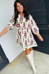 Frilled V Neck Three Quarter Sleeve A Line Floral Dress