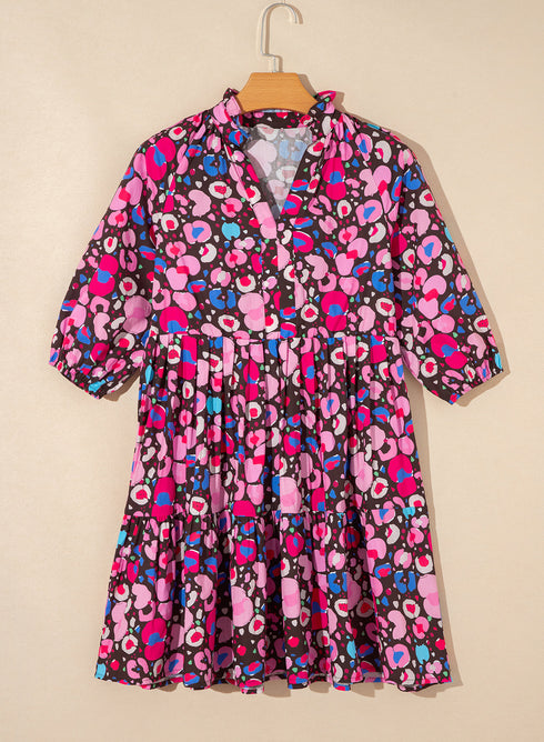 Abstract Pattern Collared Tiered Puff Sleeve Mini Dress