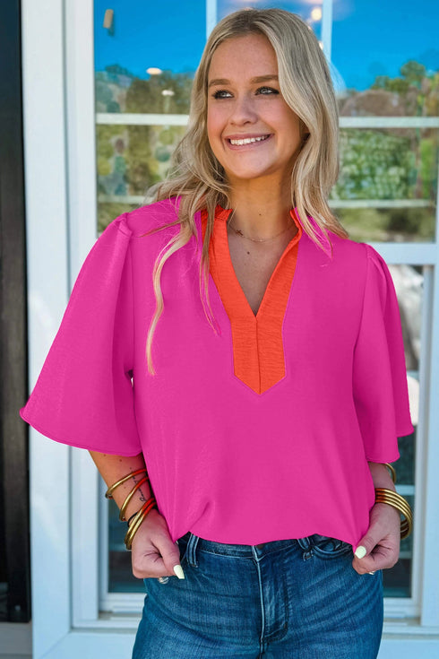 Southern Belle Paneled V Neck Wide Short Sleeve Blouse