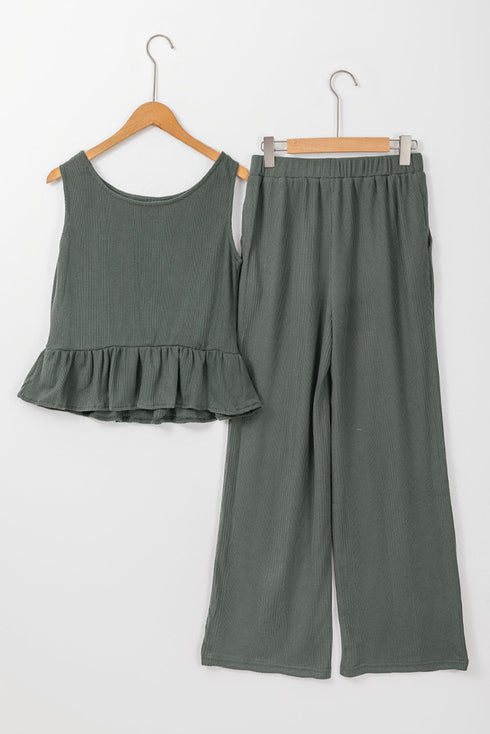 Textured Ribbed Ruffle Tank Top Wide Leg Pant Set
