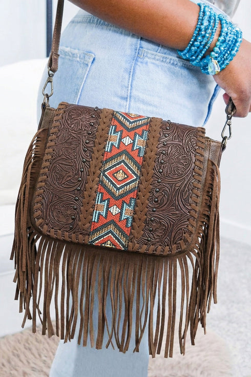 Western Aztec Bohemian Tassel Pu Leather Shoulder Bag