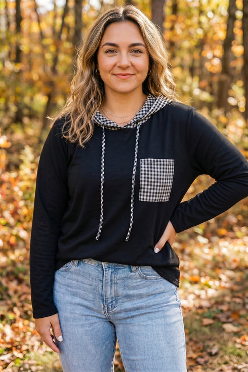 Hooded Gingham Paneling Chest Patch Pocket Long Sleeve Top