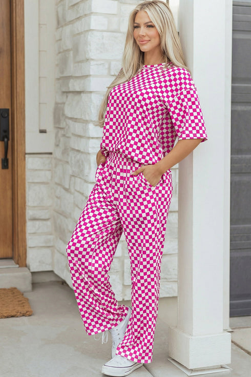 Checkered Print Half Sleeve Two Piece Loungewear Set