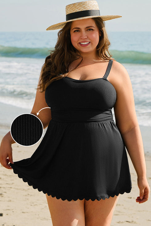 Ribbed Textured Scalloped Trim Swim Dress Swimwear
