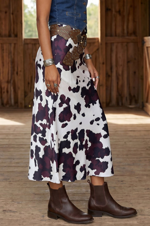 Abstract Print Metal Zip Waist Satin Western Maxi Skirt