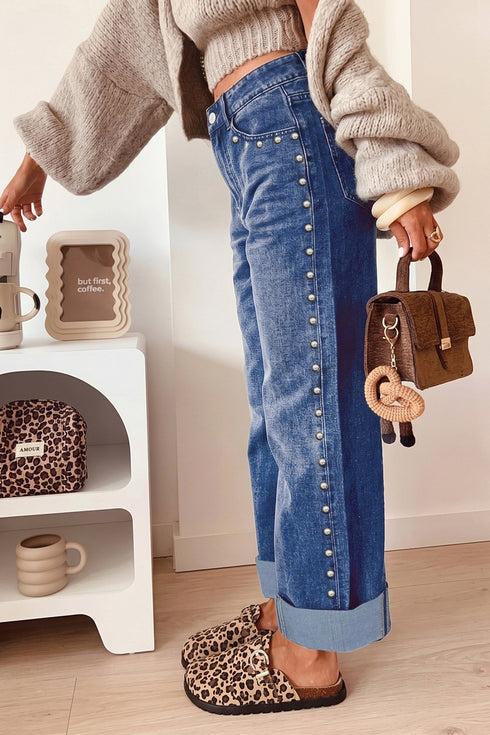 Studded Bead Detail Straight Leg Loose Jeans