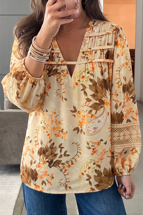 All Over Paisley Decorative Binding V Neck Shift Blouse