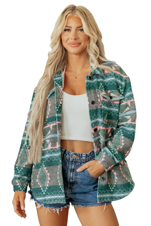 Geometric Print Button Front Long Sleeve Jacket