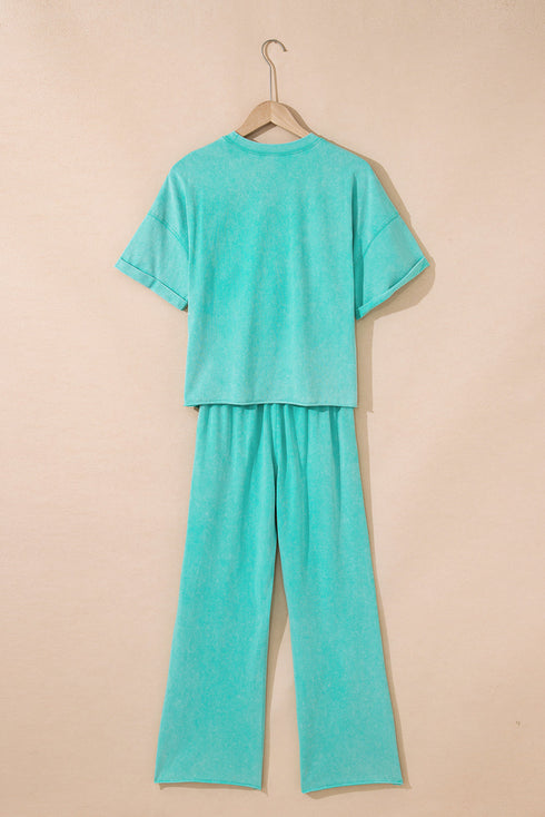 Acid Wash Star Applique Rolled Trim Pants Set