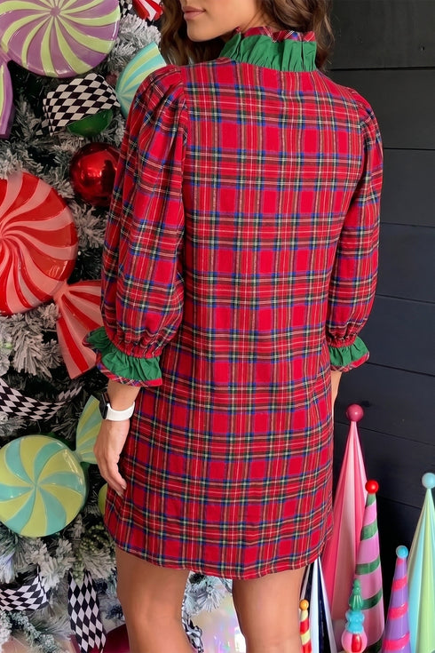 Plaid Ruffle Cuff Button Front Pocket Mini Dress