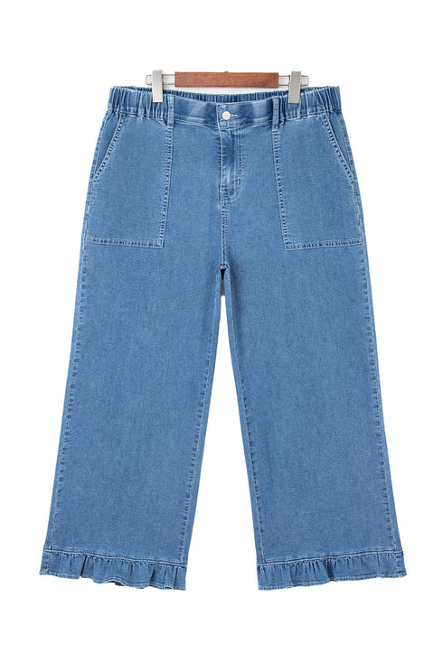 Elastic Waist Ruffled Wide Leg Denim Pants