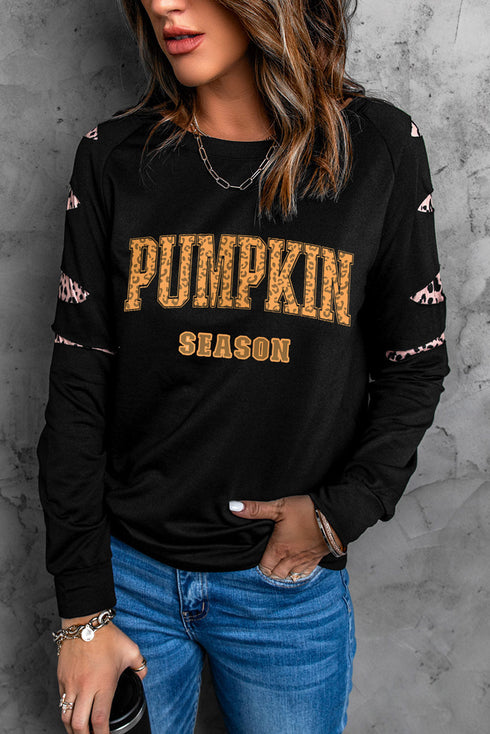 Slashed Sleeve Leopard Pumpkin Graphic Sweatshirt