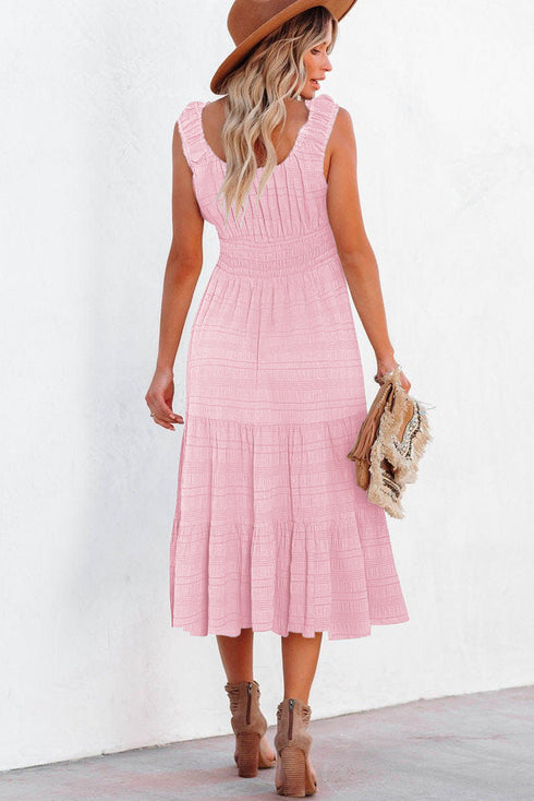 Elegant Shirred Pleated Square Neck Sleeveless Midi Dress