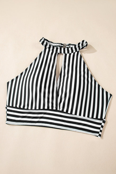 Striped Halter Keyhole High Waist Swimsuit Set