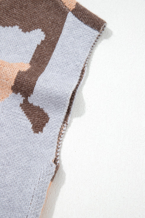 Camouflage Pattern Drop Shoulder High Neck Short Sleeve Shift Sweater