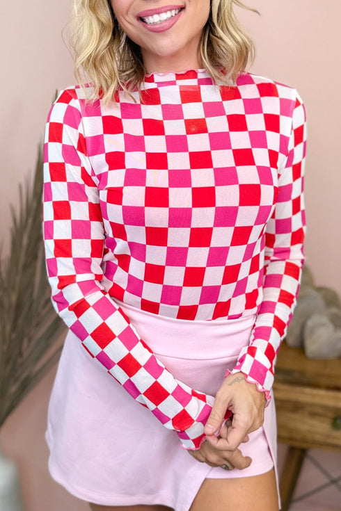 Plaid Checkered Sheer Mesh Long Sleeve Layering Top