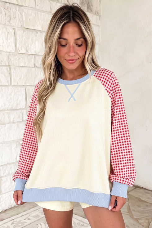Polyester Plaid Pattern Sleeve Raglan Pullover Sweatshirt