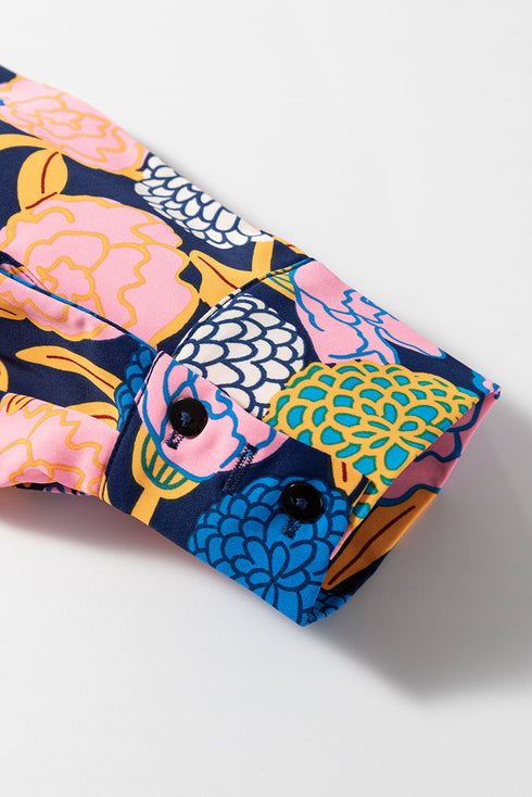 Hydrangea Floral Print Bishop Sleeve V Neck Shift Dress